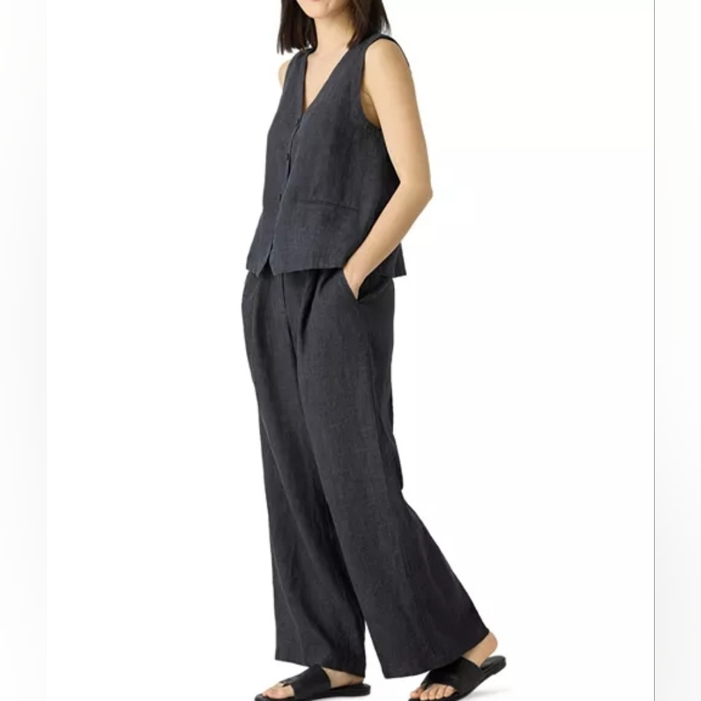 Eileen Fisher Charcoal Linen Vest and Pants Set